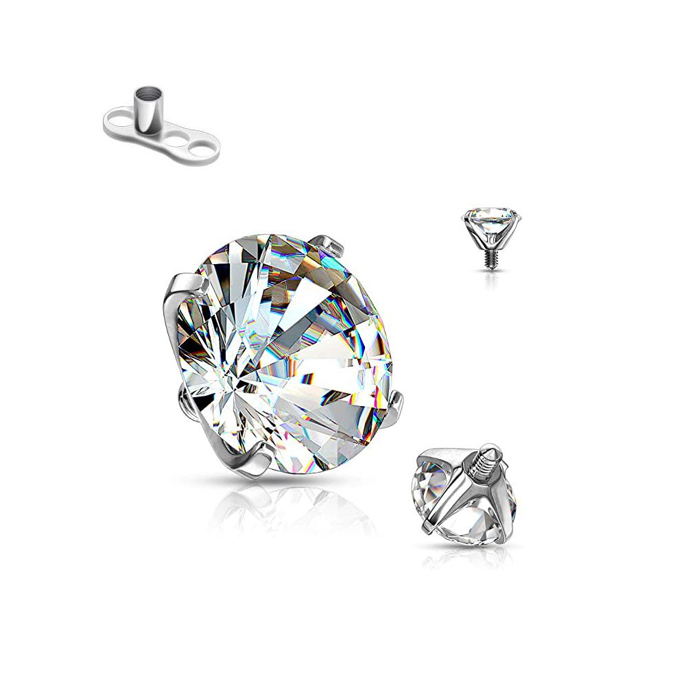 Dermal Clear Round CZ Top Prong Setting  Surgical Steel 14 Gauge with base