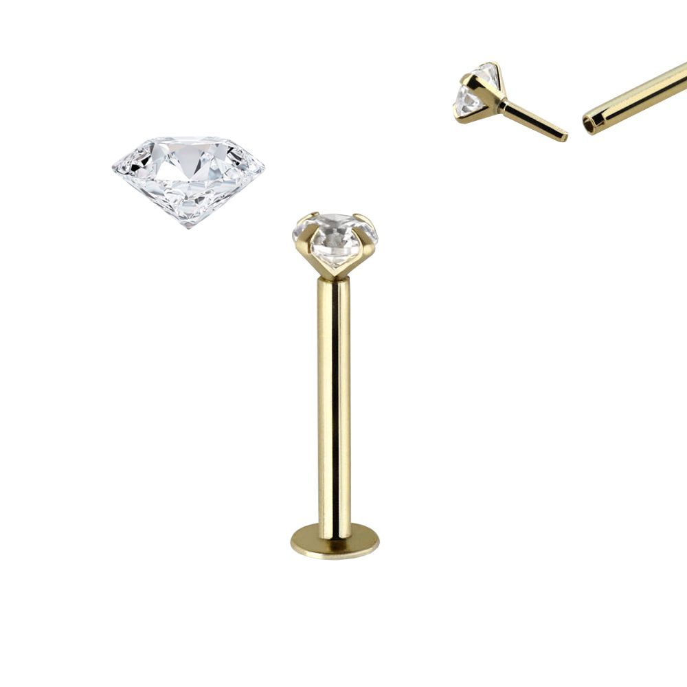 Labret Push in 14K Gold with 2mm Diamond threadless can be use Nose Ear Lip and more