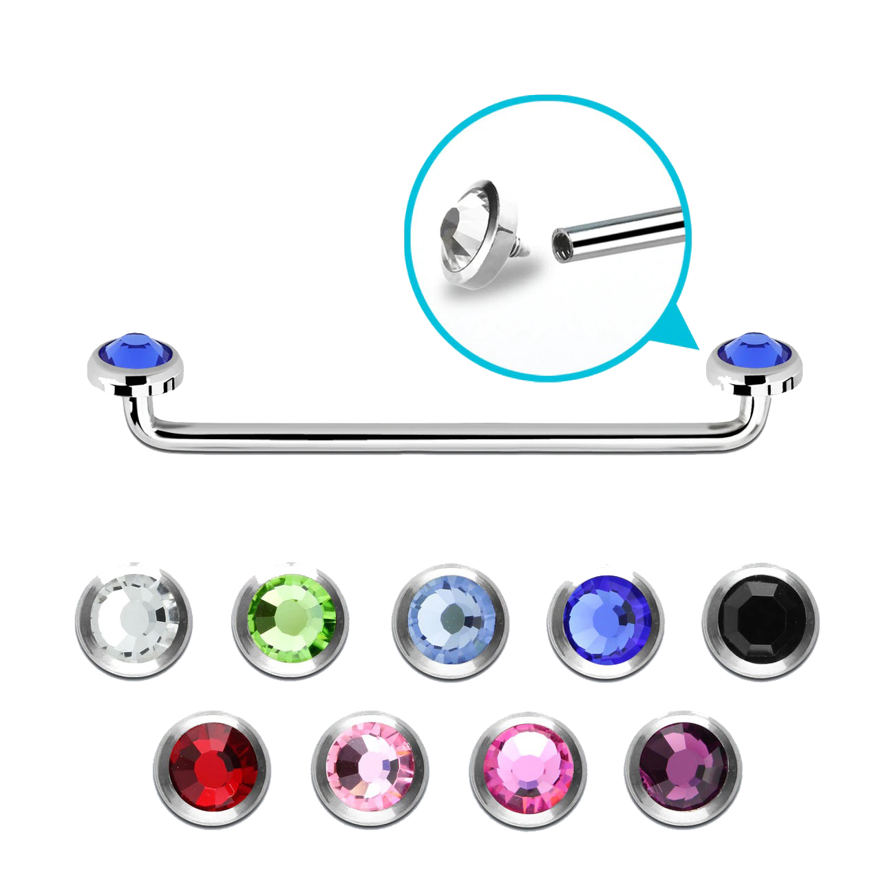 Surface barbell surgical steel with internal threading 14 Gauge with 90?? angle sides and 5mm press fit flat gem tops